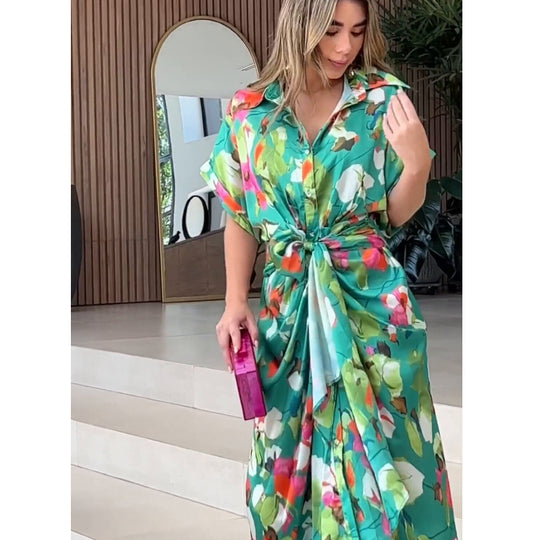 Damen luftiger Kaftan mit floralem Design und dekorativem Knoten R&B