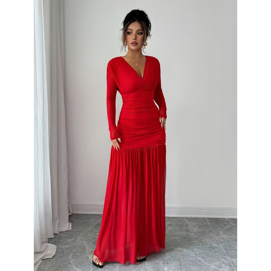 Damen Elegantes und figurbetontes Maxi-Kleid mit V-Ausschnitt und langen Ärmeln R&B