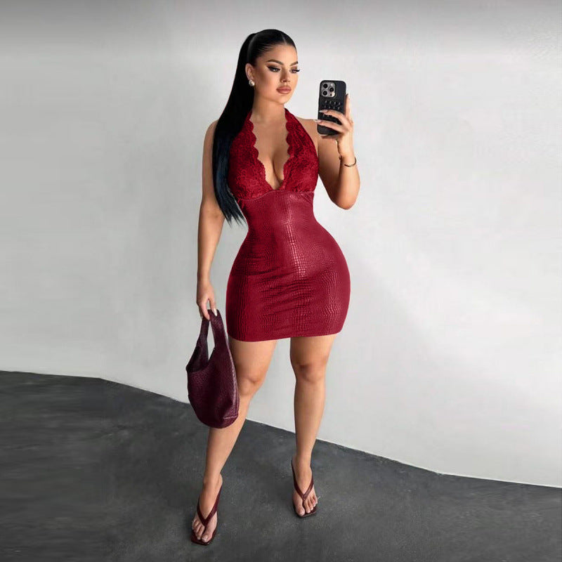 Damen Elegantes Bodycon-Kleid mit Spitzendetails und tiefem V-Ausschnitt R&B