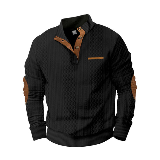 Herren nan strukturierter Strickpullover mit Stehkragen, Knopfleiste und Ellenbogenpatches R&B