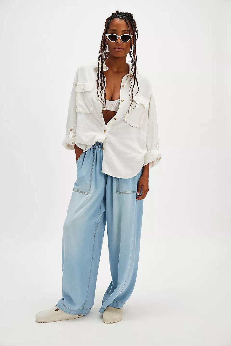 Damen Lässige weite Denim-Jeans mit elastischem Bund und praktischen Taschen R&B