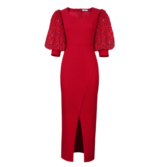 Damen elegantes Maxi-Kleid mit extravaganten Puffärmeln und schickem Schlitz R&B