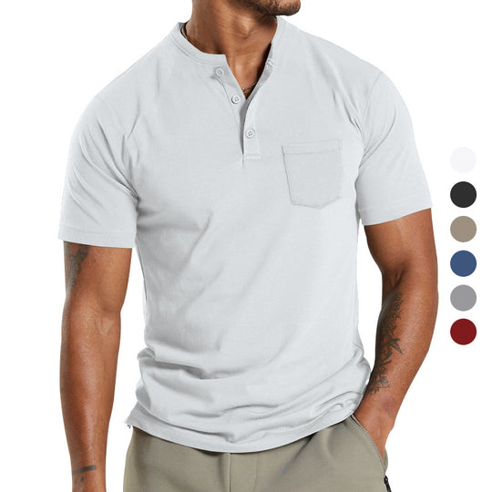Herren nan atmungsaktives Baumwoll-Elasthan Kurzarm-Henley mit Brusttasche R&B