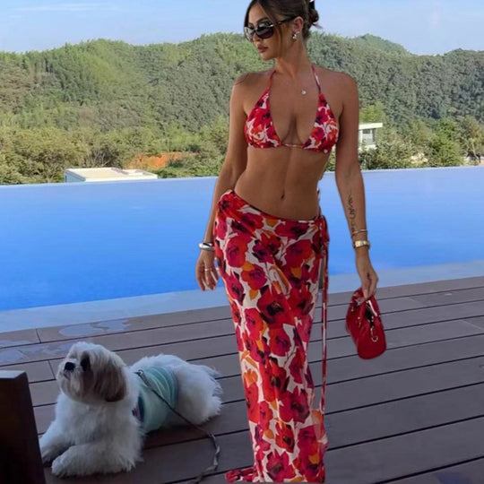 Damen Bikini-Set mit elegantem Wickeltuch und floralem Design R&B