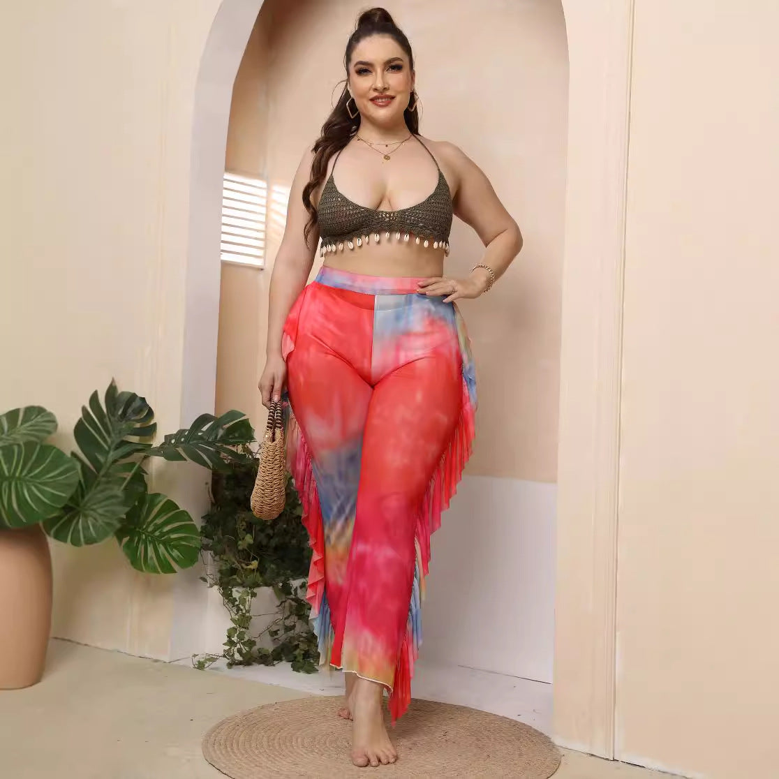 Damen elegante und luftige Strandhose mit Rüschendetails R&B