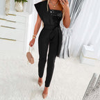 Damen One-Shoulder Jumpsuit mit glitzerndem Oberteil und Taillengürtel R&B