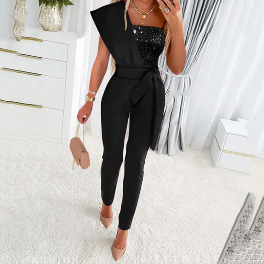Damen One-Shoulder Jumpsuit mit glitzerndem Oberteil und Taillengürtel R&B