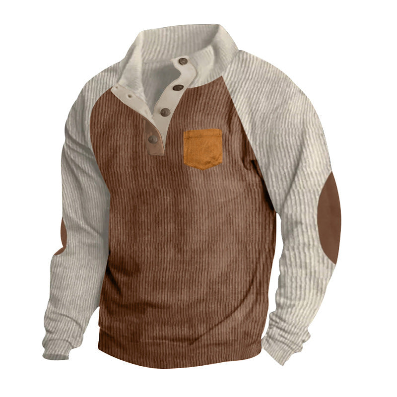 Herren nan geripptes Waffel-Henley-Langarmshirt mit Stehkragen Druckknopfleiste Kontrastärmeln und Brusttasche R&B