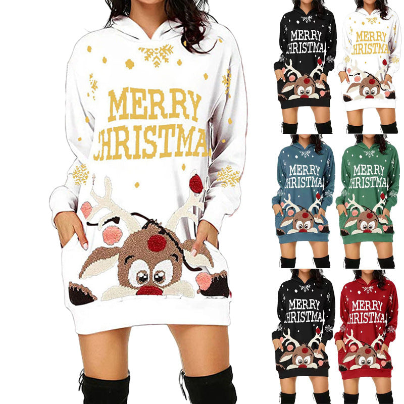 Damen Kapuzenkleid mit niedlichem Rentiermotiv und weihnachtlichem Schriftzug R&B
