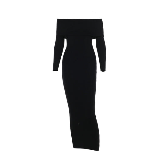 Damen schulterfreies Maxikleid mit langem Arm und elegantem Schnitt R&B