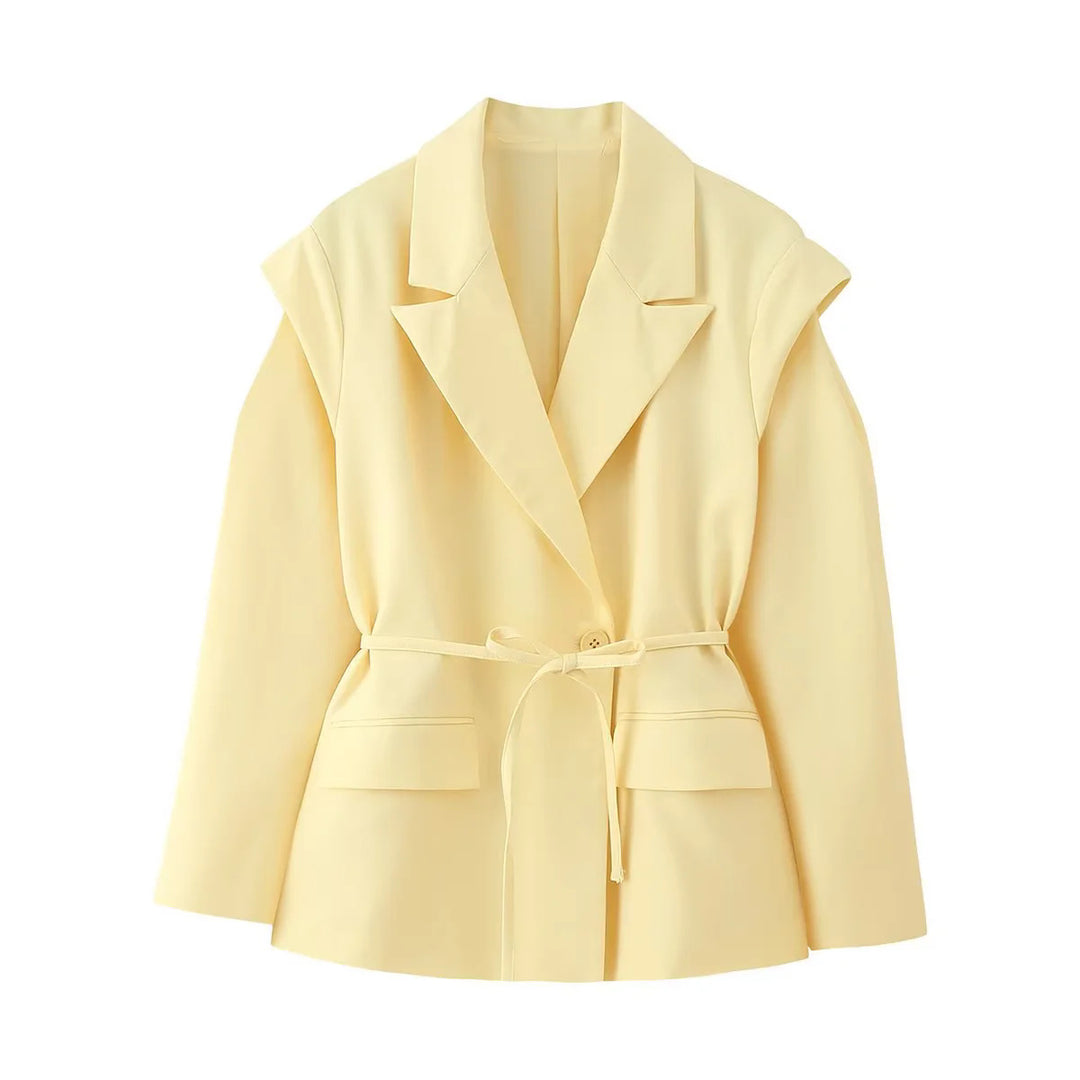 Damen elegante Oversized-Blazerjacke mit Gürtel und Schulterpolstern R&B