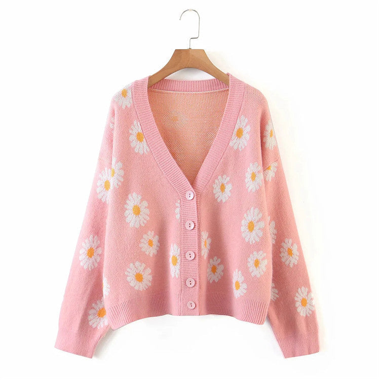 Damen Strickjacke mit Blumenmuster und V-Ausschnitt R&B