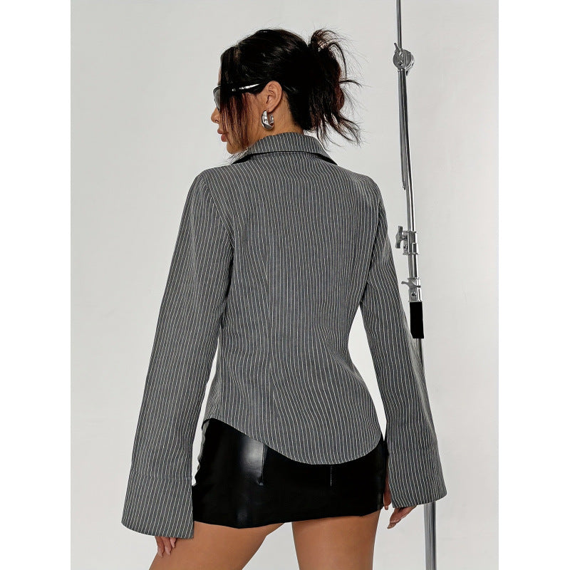 Damen Elegante Hemdbluse mit gestreiftem Design und weit ausgestellten Ärmeln R&B