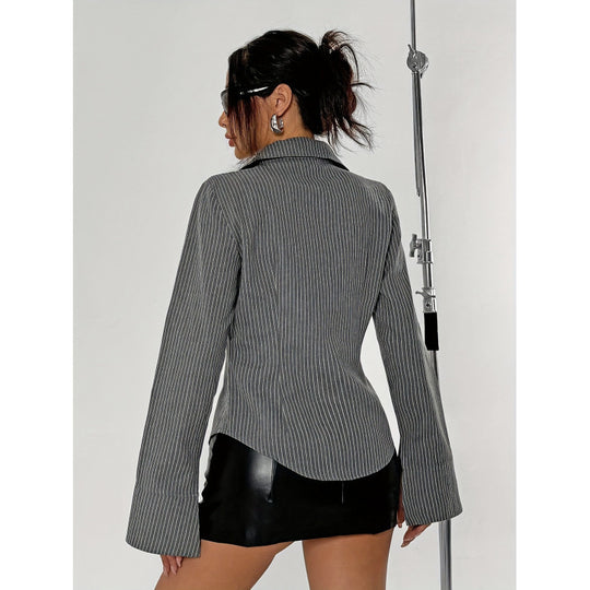 Damen Elegante Hemdbluse mit gestreiftem Design und weit ausgestellten Ärmeln R&B