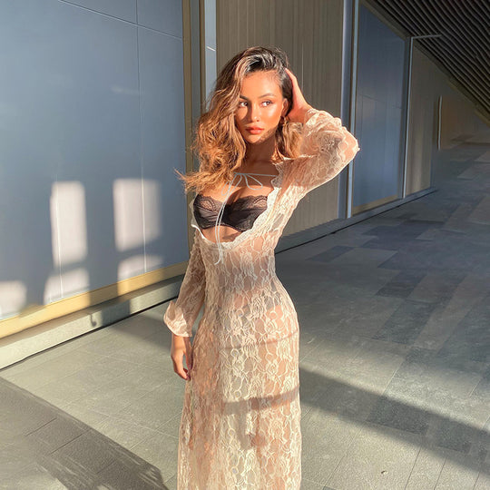 Damen elegantes Spitzenkleid mit tiefer Rückenansicht und langen Ärmeln R&B