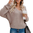 Damen lässiger Strickpullover mit V-Ausschnitt und weitem Schnitt R&B