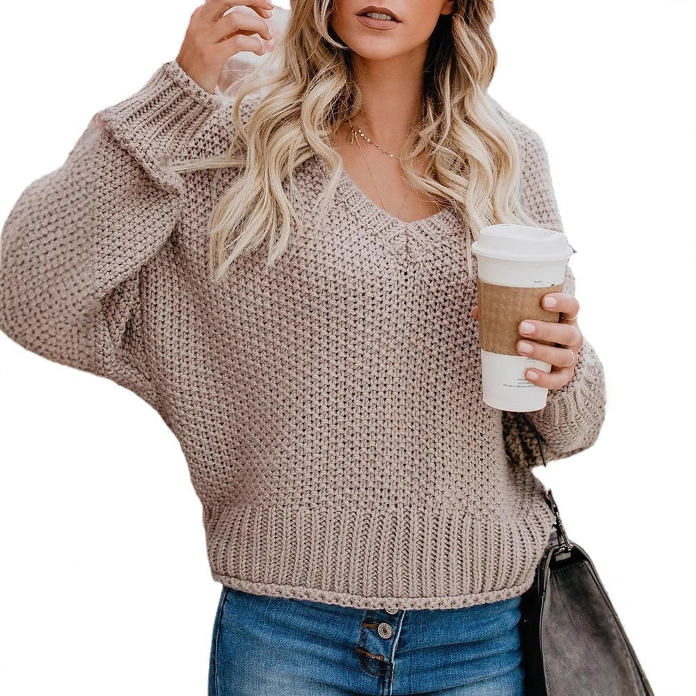 Damen lässiger Strickpullover mit V-Ausschnitt und weitem Schnitt R&B