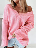 Damen Off-Shoulder Strickpullover mit weitem Schnitt und Rippenden