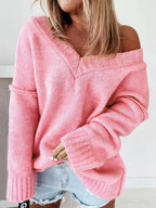 Damen Off-Shoulder Strickpullover mit weitem Schnitt und Rippenden