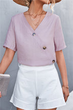Damen lässige Bluse mit Wickeloptik und Knopfdetails R&B