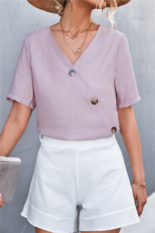 Damen lässige Bluse mit Wickeloptik und Knopfdetails R&B