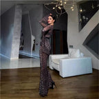 Damen Elegant schimmerndes Maxikleid mit langen Ärmeln und Leopardenmuster R&B