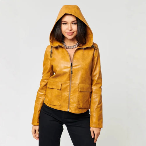 Damen Kunstlederjacke mit angeschnittenem Hoodie und praktischen Taschen R&B