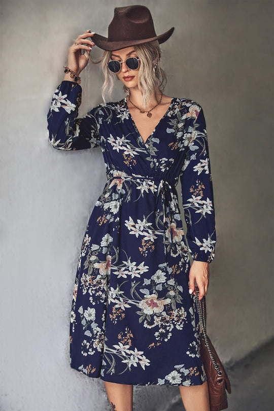 Damen Midi-Kleid mit elegantem floralem Design und tailliertem Gürtel R&B