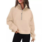 Damen kuscheliger Half-Zip Pullover mit Kapuze und Kängurutasche