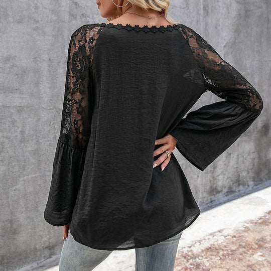 Damen Bluse mit transparenten Spitzenärmeln und modischem V-Ausschnitt R&B