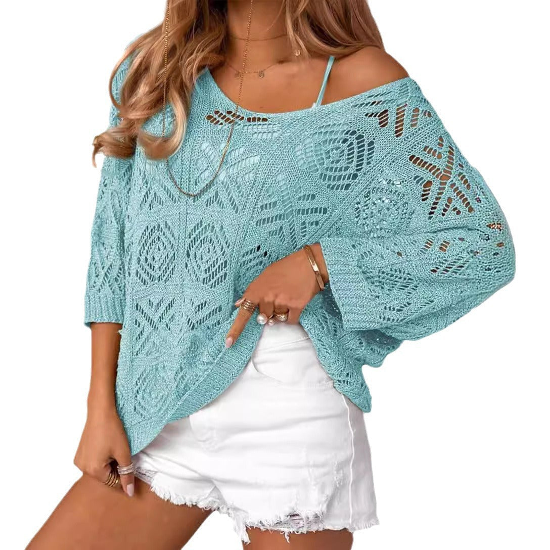 Damen Oversize Strickpullover mit Häkelstruktur R&B