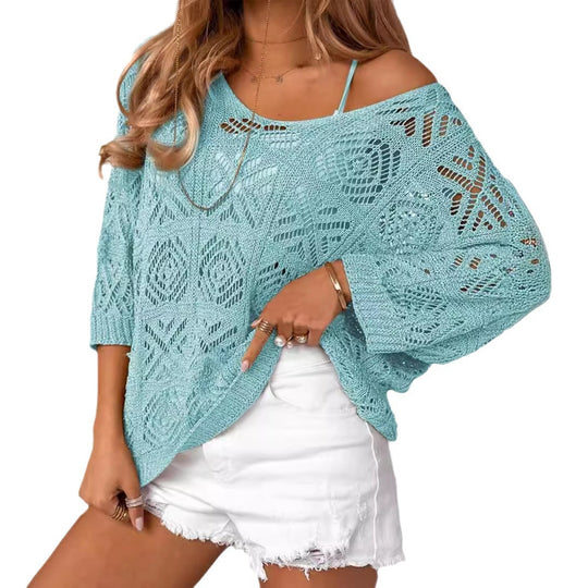 Damen Oversize Strickpullover mit Häkelstruktur R&B