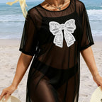 Damen transparenter Strandüberwurf mit filigranem Spitzenmuster R&B