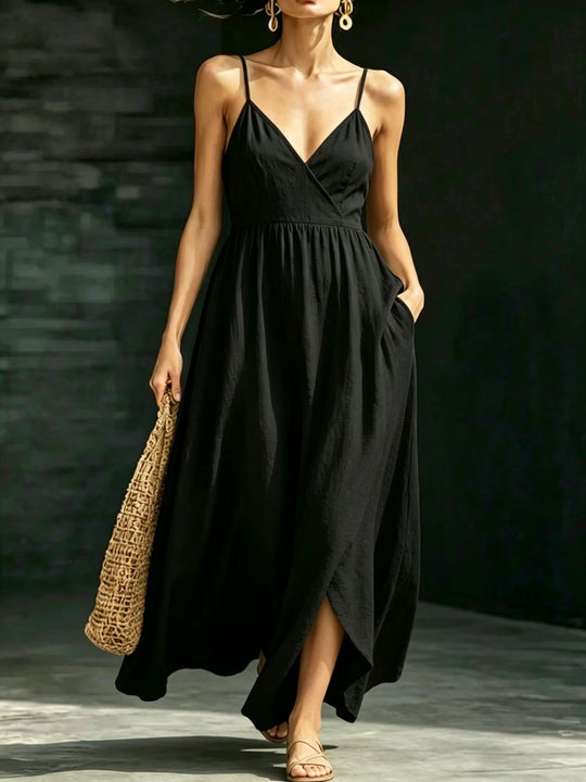 R&B Damen Sommerkleid Midikleid Spaghettiträger V-Ausschnitt