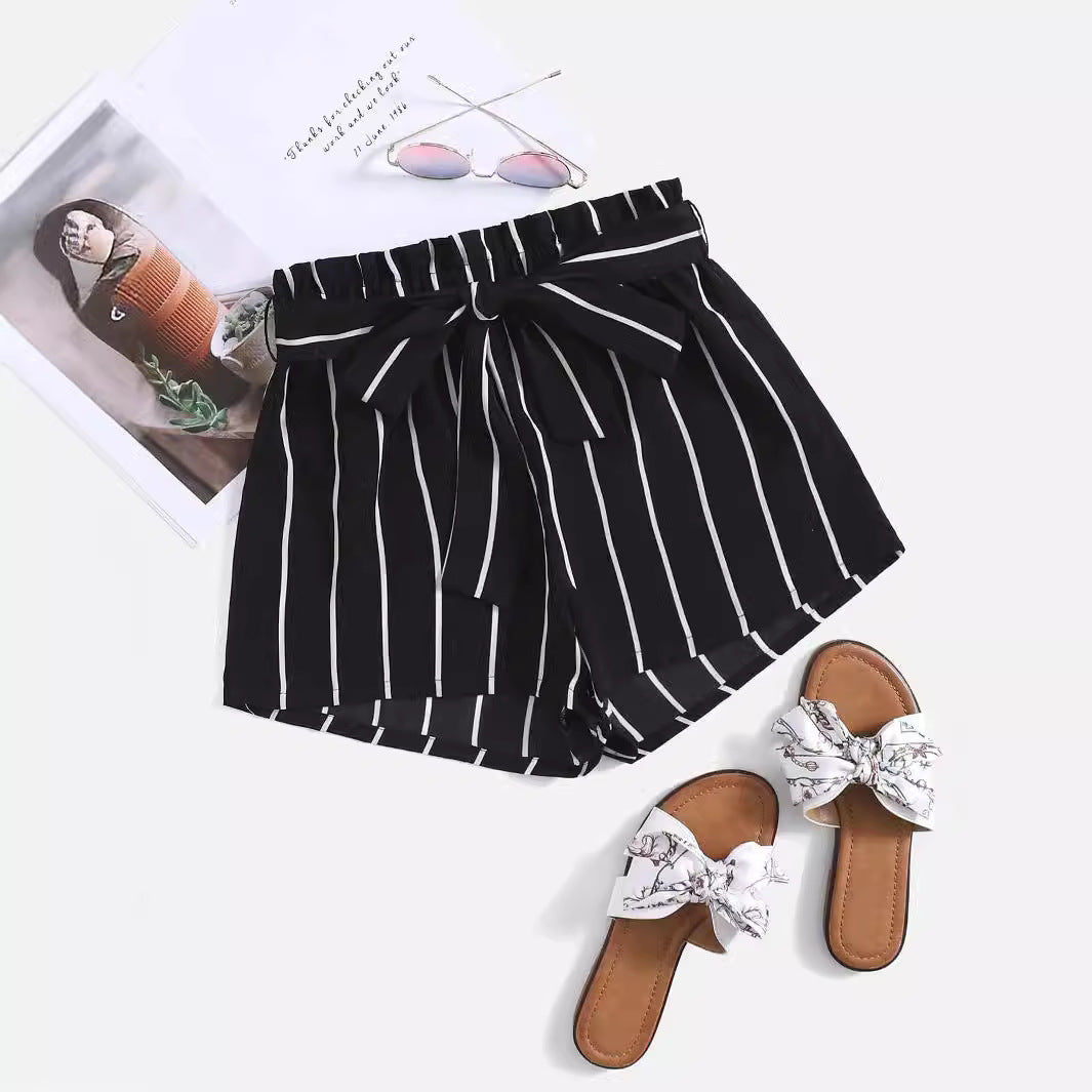 Damen gestreifte Freizeit-Shorts mit elastischem Bund und Bindegürtel R&B