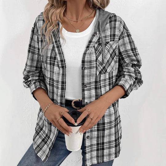 Damen lässige Flanellhemdjacke mit Kapuze und Karomuster R&B