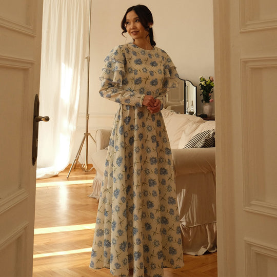 Damen Maxi-Kleid mit romantichem Rüschendesign und floralen Details R&B
