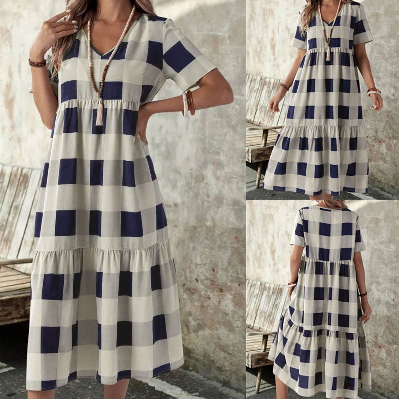 Damen Langarmkleid mit modischem Karomuster und fließendem Schnitt R&B