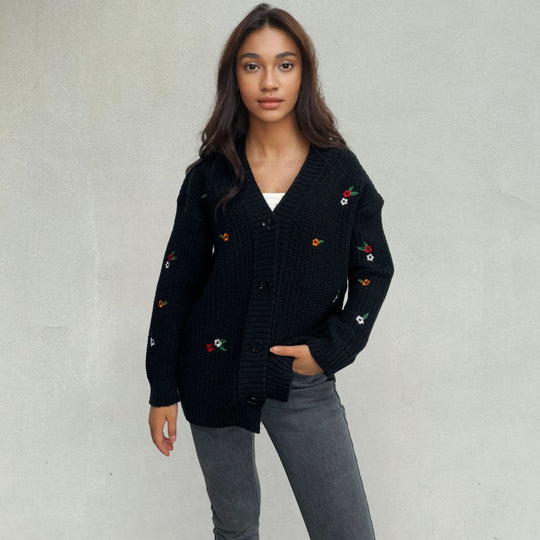 Damen Strickjacke mit floralem Stickdesign R&B