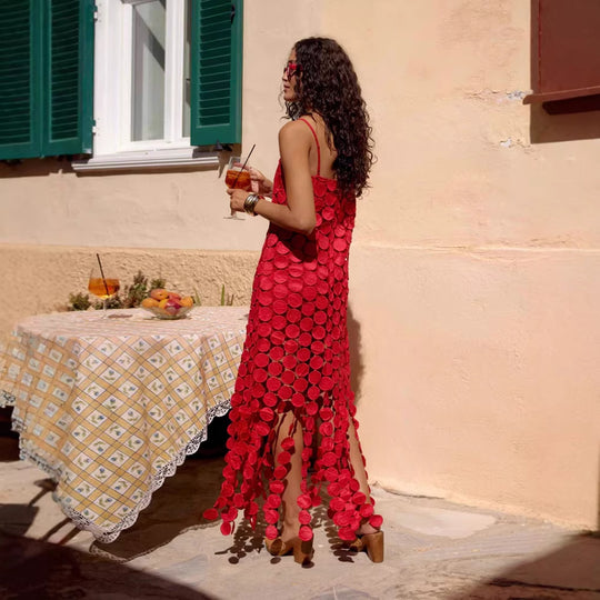 Damen Maxikleid mit dekorativen Häkelapplikationen und seitlichen Schlitzen R&B