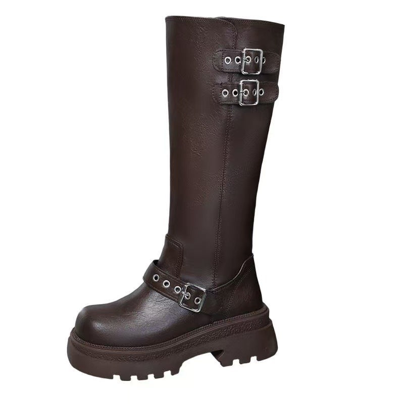 Damen Hochwertige Overknee-Stiefel mit trendigen Schnallen und robustem Sohlenprofil R&B