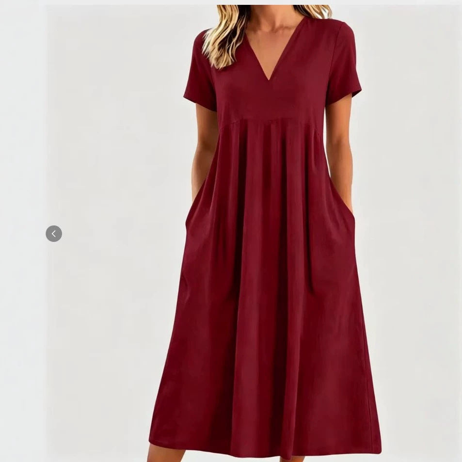 Damen nan legeres V-Ausschnitt-Midikleid mit Eingrifftaschen und geraffter Empirenaht R&B