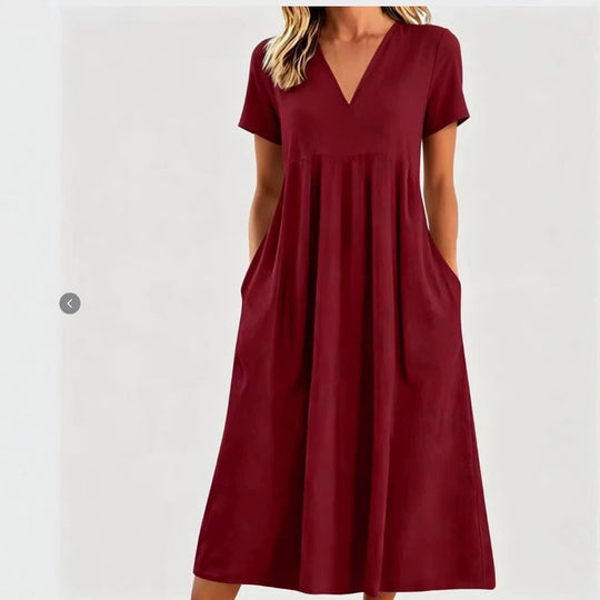 Damen nan legeres V-Ausschnitt-Midikleid mit Eingrifftaschen und geraffter Empirenaht R&B