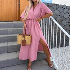 Damen lässiges Maxi-Kleid mit tiefem V-Ausschnitt und elastischem Taillenbund R&B