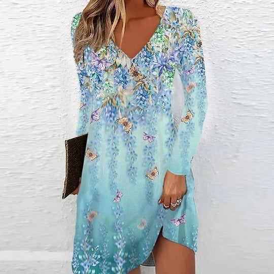 Damen V-Ausschnitt Kleid mit floralen Akzenten und langen Ärmeln R&B