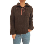 Damen lässiger Strickpullover mit dekorativem Schnürdetail und breiten Ärmel R&B