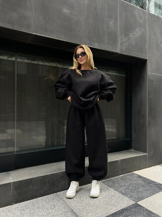 Damen komfortables und modisches Oversized-Loungewear-Set mit Kordelzug und elastischen Bündchen R&B