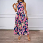 Damen Plissiertes Maxikleid mit tiefem Halterneck und floraler Taillierung R&B