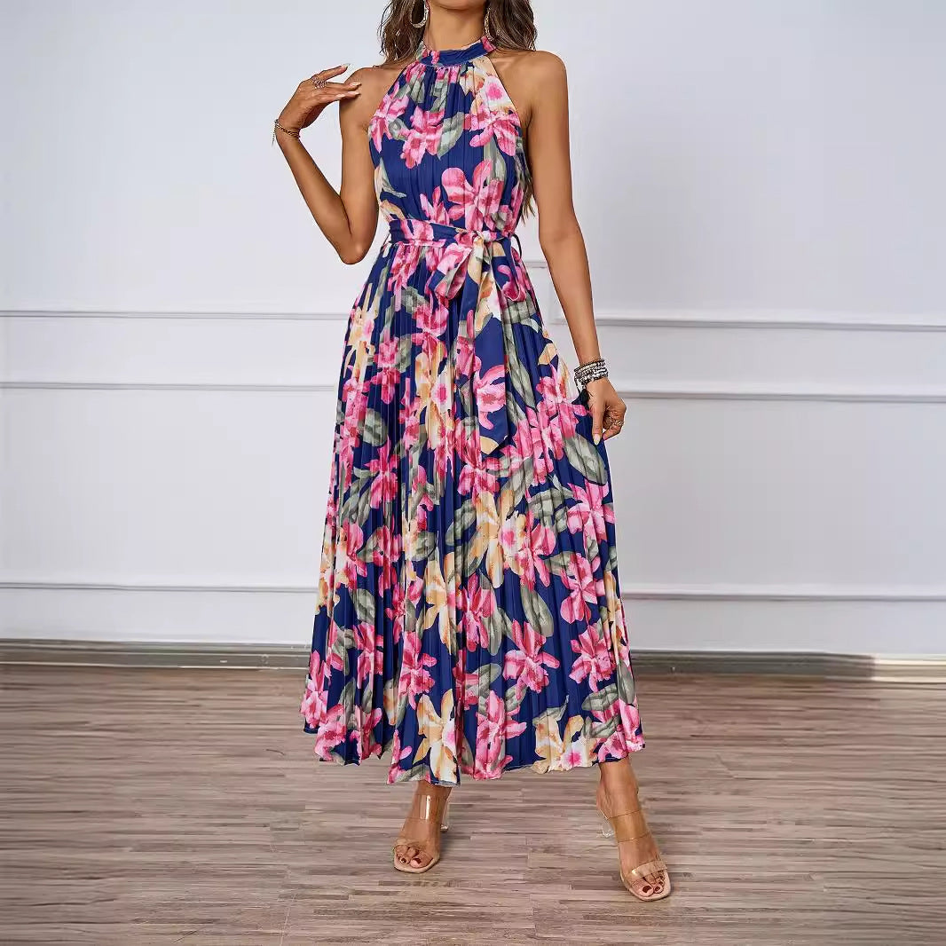 Damen Plissiertes Maxikleid mit tiefem Halterneck und floraler Taillierung R&B