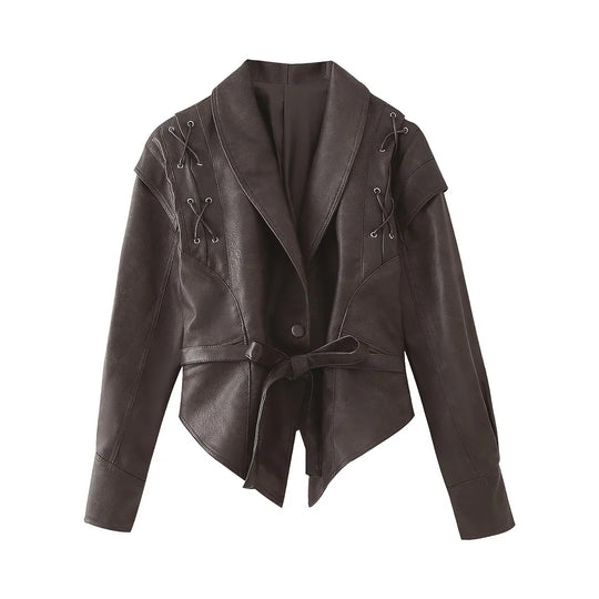 Damen modische Kunstlederjacke mit stilvollem Gürteldetail und elegantem Design R&B